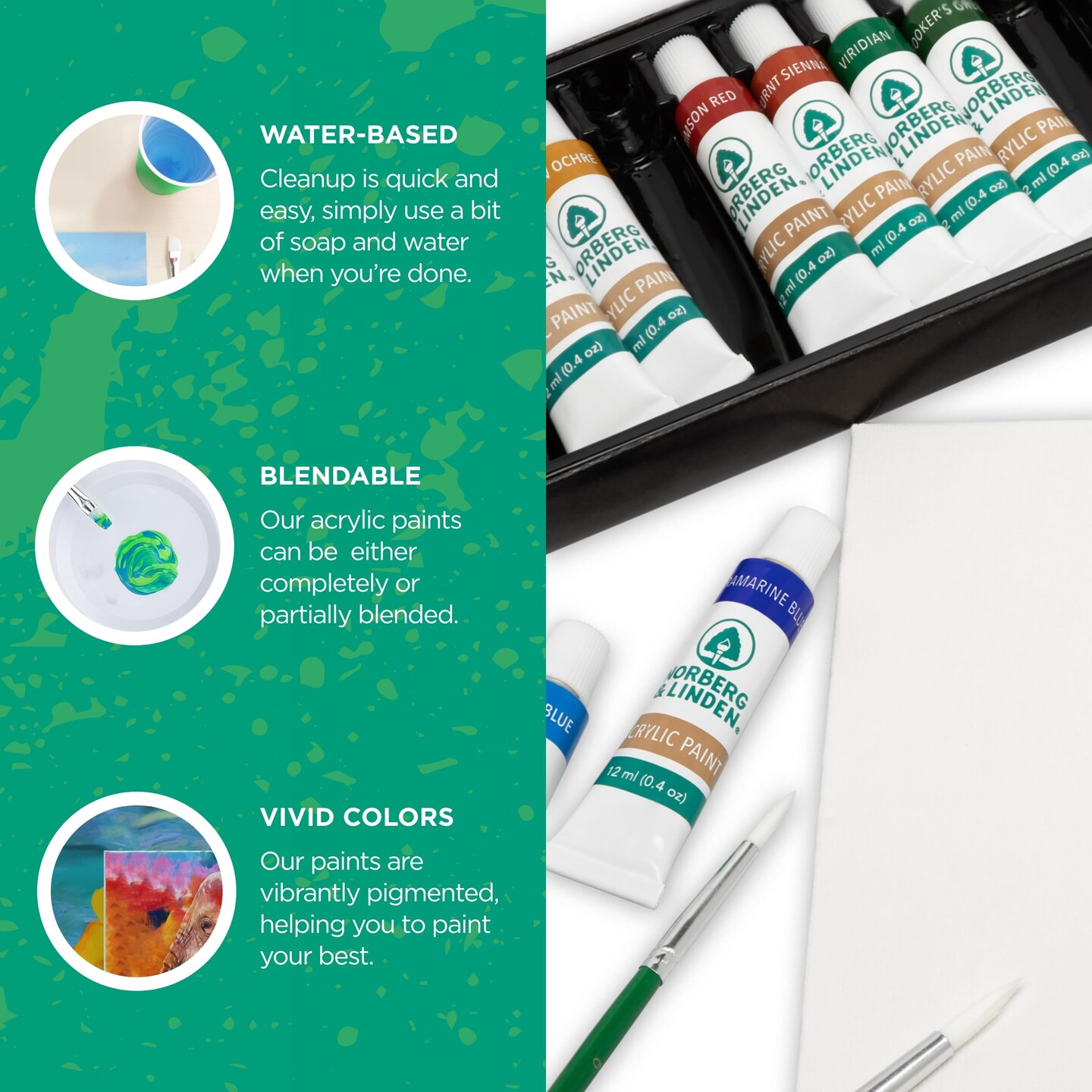 Canvas and Acrylic Paint Sets for Adults, Teens, Kids - Includes 12 Vivid Colors, 3 Painting Canvas Panels & 6 Assorted Brushes