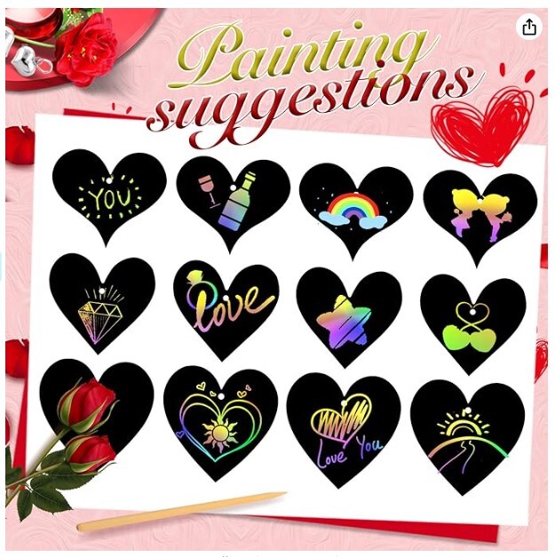 28 pieces. Valentine Crafts Scratch Paper Ornaments Heart Shaped Rainbow Scratch Craft Art