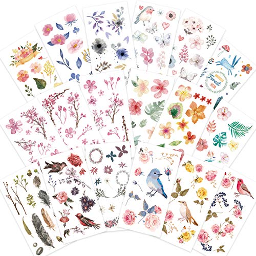 Knaid Watercolor Birds and Flowers Stickers Set - Decorative Sticker for Scrapbooking, Kid DIY Arts Crafts, Album, Bullet Journaling, Junk Journal, Planners, Calendars and Notebook