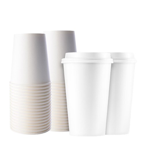 thumbnail image 2 of 12oz Disposable Paper Coffee Cups With White Lids – Hot/Cold – Leak-Proof – 100% PE Lined 2 of 4