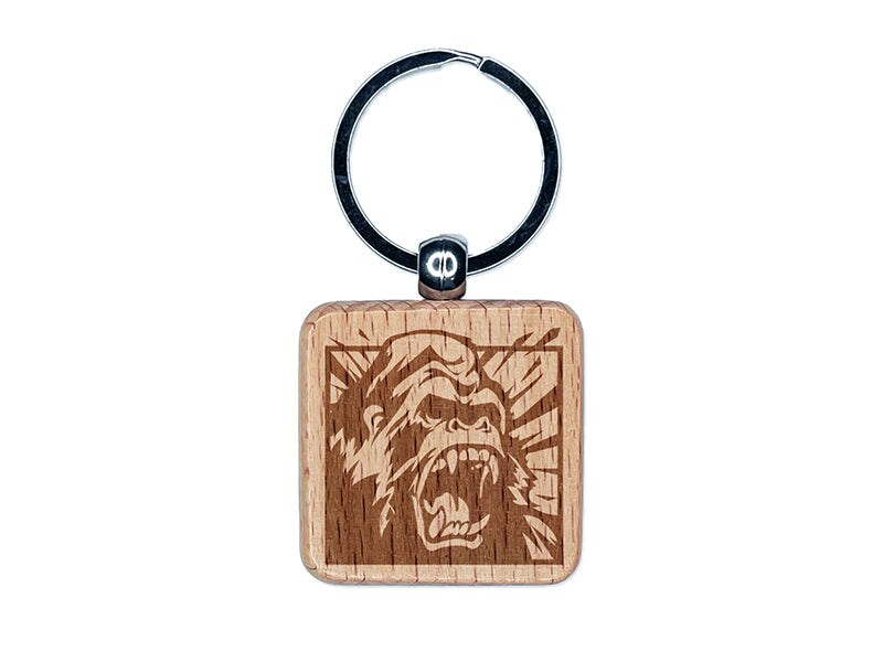 Angry Roaring Silverback Gorilla Engraved Wood Square Keychain Tag Charm