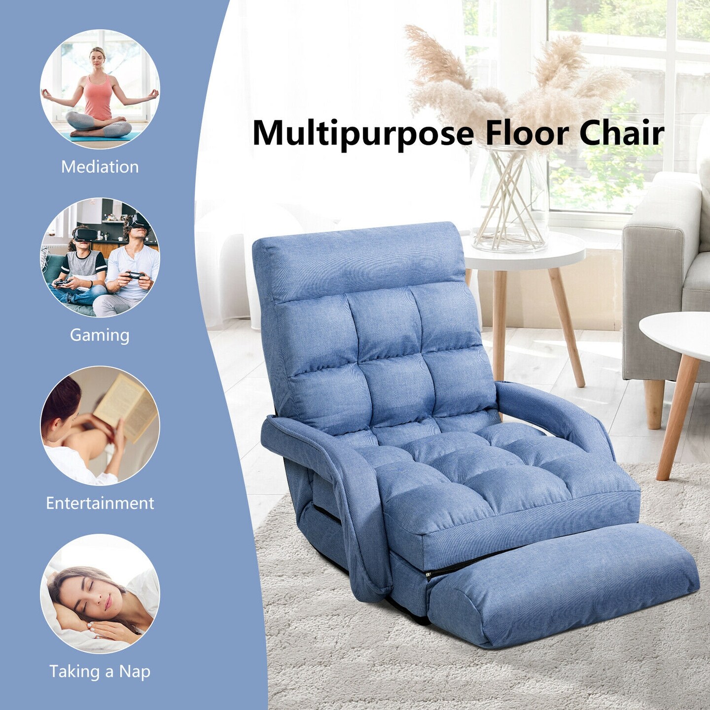 Multi-Position Adjustable Floor Armchair with Lumbar Pillow and Removable Cushion