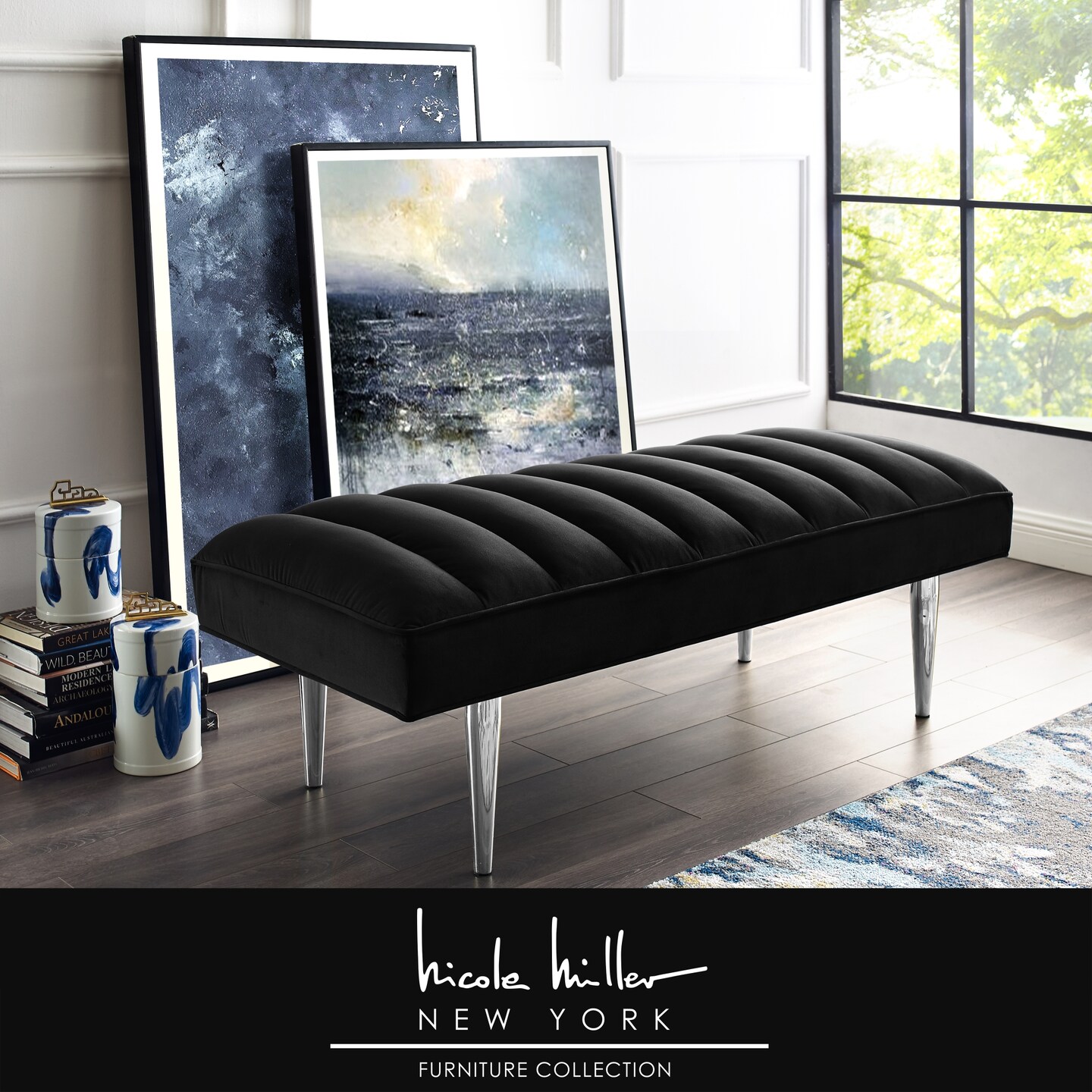 Denver Velvet Channel Tufted Bench with Mirrorred Lacquer Finish With Gold/Chrome Legs