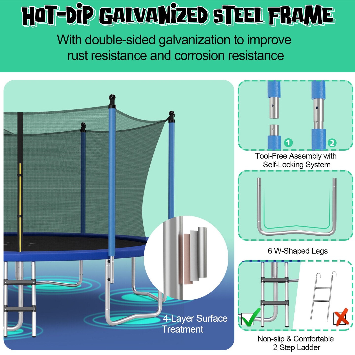 Outdoor Recreational Trampoline with Ladder and Enclosure Net