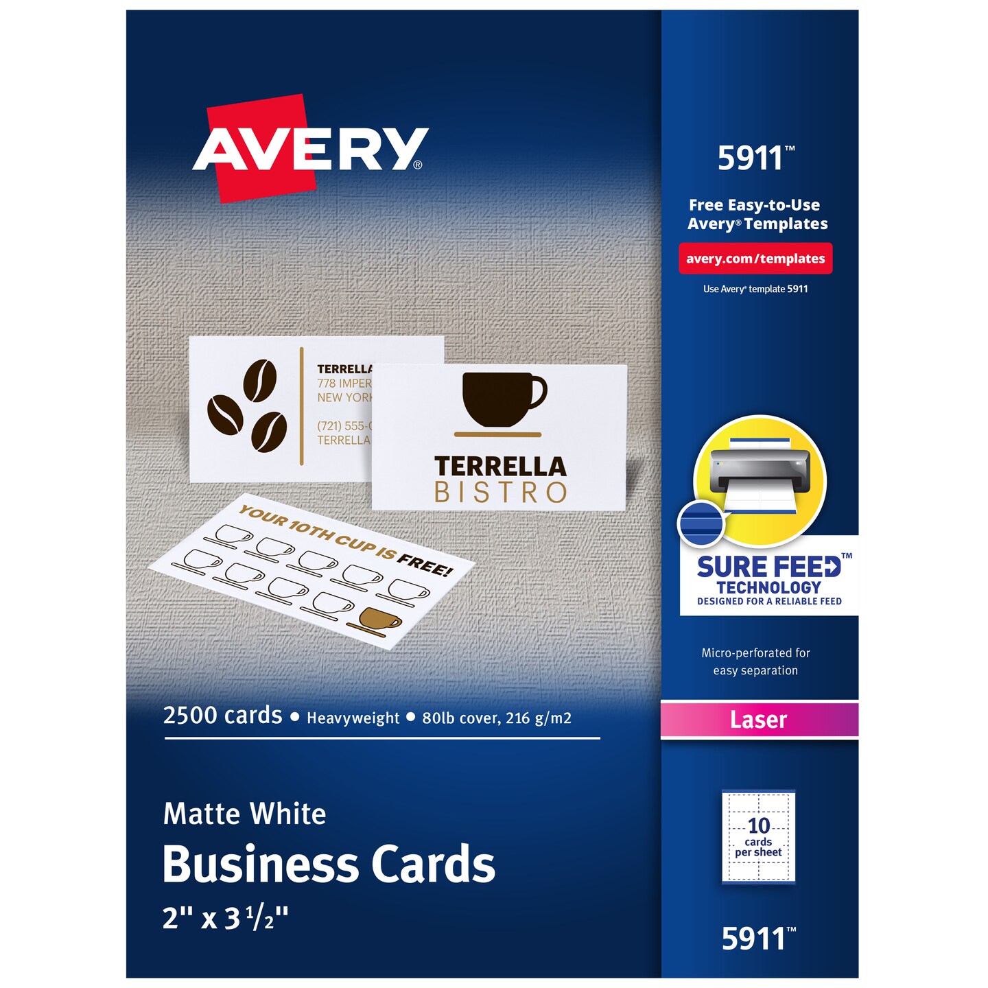 Avery Printable Business Cards with Sure Feed Technology, 2&#x22; x 3.5&#x22;, White, 2,500 Blank Cards for Laser Printers (05911)