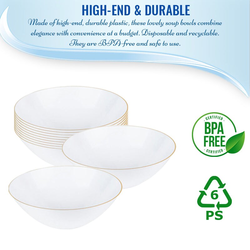 White with Gold Rim Organic Round Disposable Plastic Soup Bowls - 16 Ounce (120 Bowls)