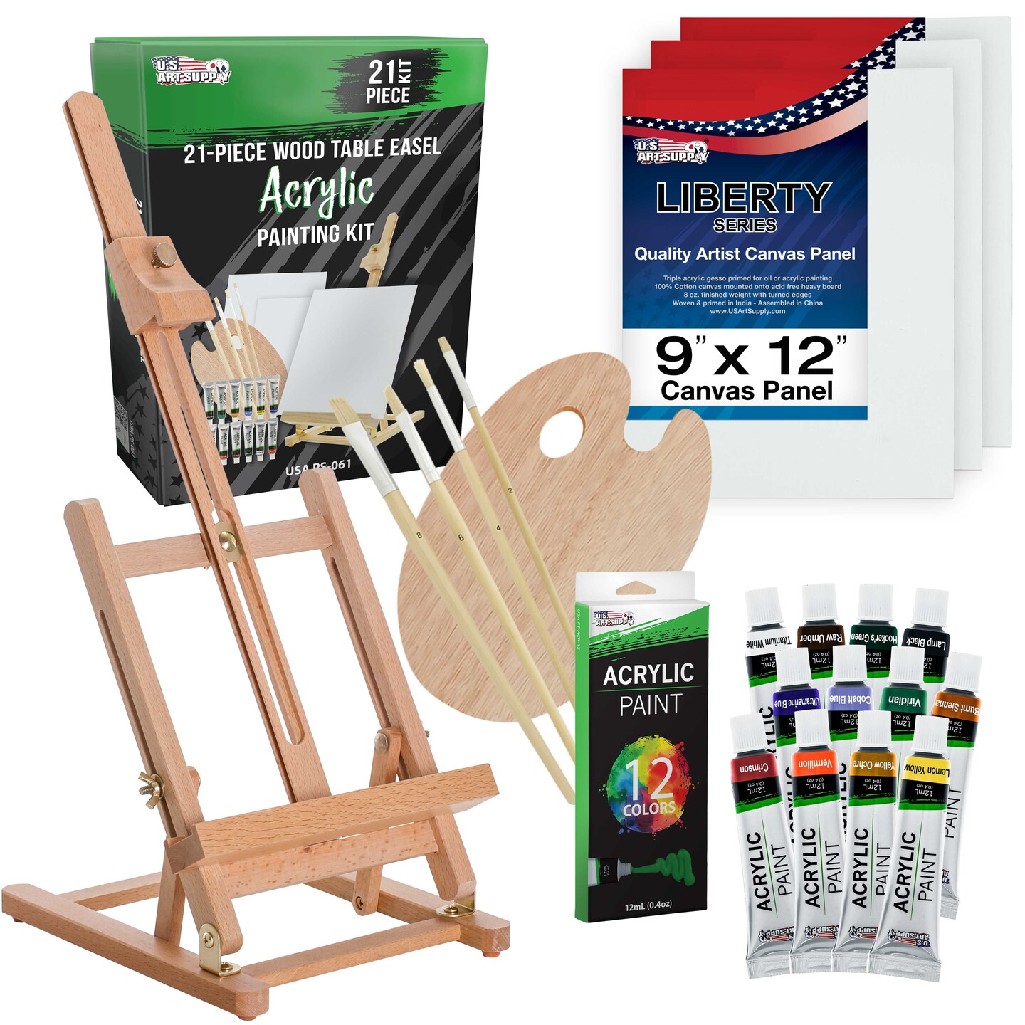 21Piece Wood Studio Table Easel & Acrylic Paint Box Set with 12 Paint Colors, Canvas Panels