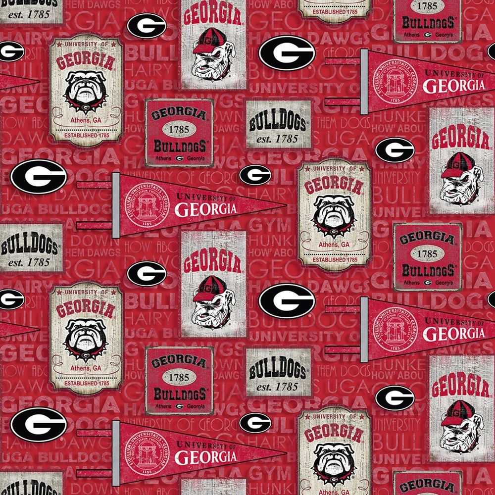 Sykel Enterprises-University of Georgia Cotton Fabric-Georgia Bulldogs Vintage Pennant Cotton Quilting Fabric