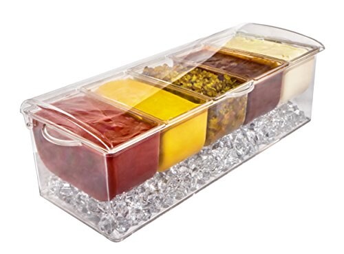 5 Compartment Condiment Server Caddy - Serving Tray Container with 5 Removable Dishes with Over 2 Cup Capacity Each and Hinged Lid | 3 Serving Spoons + 3 Tongs Included