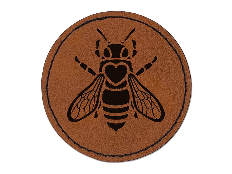 Honey Bee with Heart on Back Round Iron-On Engraved Faux Leather Patch Applique - 2.5"