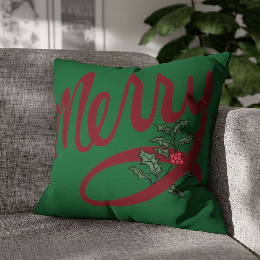 Merry Handwritten with Holly Accent Green Square Pillow CASE ONLY, 4