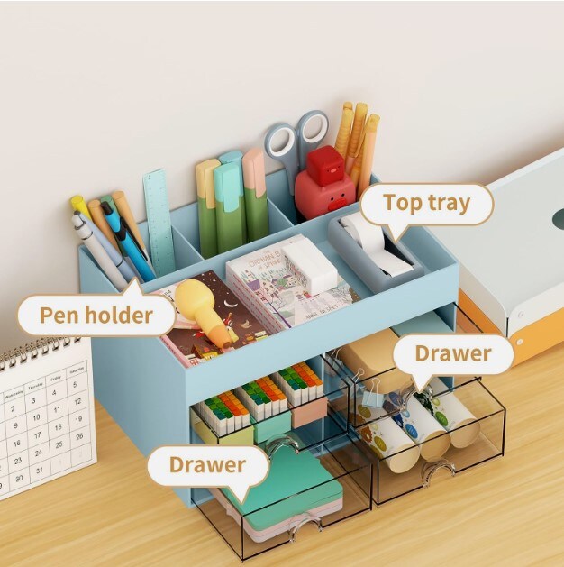 Pen Organizer with 4 Drawers, Multi-Functional Desk Pencil Holder, Desk Organiser