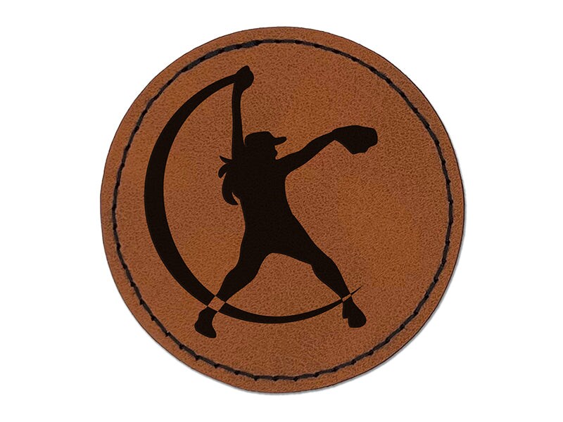Softball Pitcher Underhand Throw Round Iron-On Engraved Faux Leather Patch Applique - 2.5"