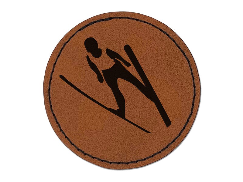 Ski Jumping Jumper Round Iron-On Engraved Faux Leather Patch Applique - 2.5&#x22;