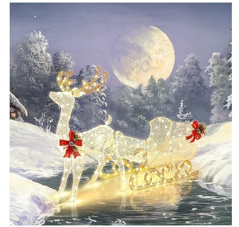 Christmas Lighted Reindeer and Santa&#x27;s Sleigh, Artificial Christmas D&#xE9;cor for Indoor and Outdoor, Christmas Lighted Outdoor Yard Decoration with 215 LED Lights and 4 Ground Stakes