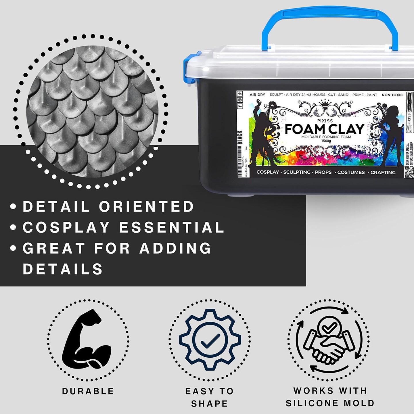 Pixiss Black and White Modeling Foam Clay - Premium Foam Air Dry Clay Cosplay Foam for Costumes, 1500 Gram Sculpting Clay for Crafts - Flexible Air Drying Clay Foam