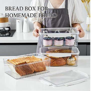 Bread Box Airtight Bread Storage Containers 2 Packs Stackable Bread Bin Large Bread Keeper for Homemade Bread, Clear Bread Box for Kitchen Countertop