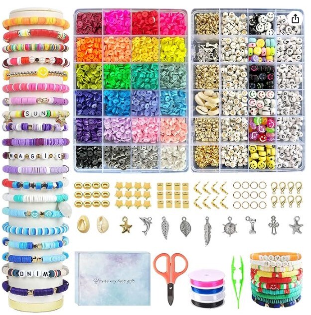 7200 Pcs Clay Beads for Bracelet Making Kit for Kids,DIY Friendship Flat  Polymer Heishi with Charms and Elastic Strings,Christmas Jewellery Making  Kit Bracelets and Necklace