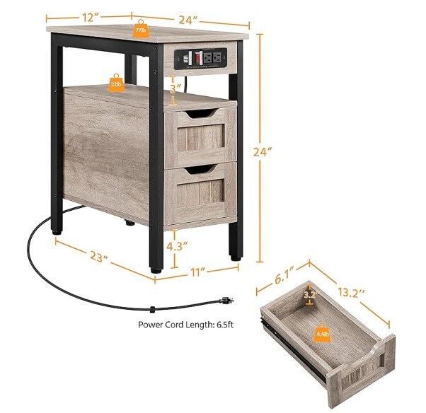2PCS Narrow Nightstand with Charging Station for Bedroom/Small Space, Gray, Wood Bedside Table with 2 Drawers and Open Shelf, Metal Frame Bedside Cupboard Storage Cabinet with 2 USB Ports for Bedroom/Small Space