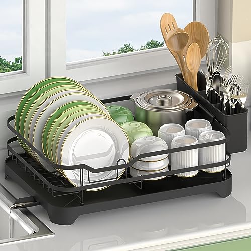 16.9&#x22;(L) x 12.2&#x22;(W), Black Dish Drying Rack, Stainless Steel Rustproof Dish Rack for Kitchen Counter, Durable Dish Drainer with Drainboard, Drainage, Utensil Holder for Various Kitchenware