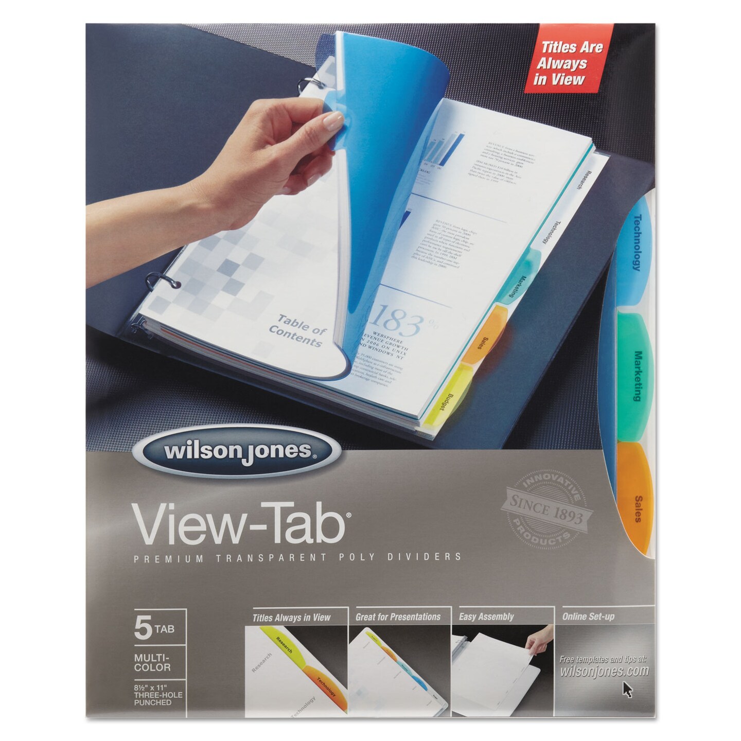 Wilson Jones View-Tab Transparent Index Dividers, 5-Tab, 11 x 8.5, Assorted, 5 Sets