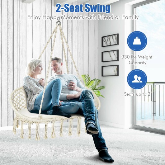 2 Person Hanging Hammock Chair Macrame Swing with Zippered Cushion
