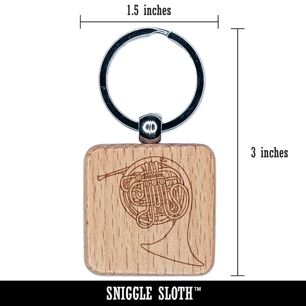 Double French Horn Brass Musical Instrument Engraved Wood Square Keychain Tag Charm