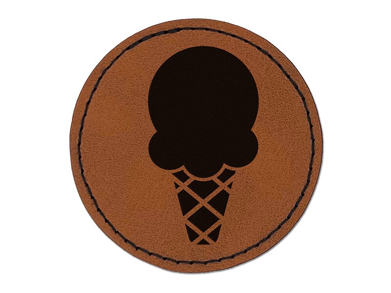 Single Scoop Ice Cream Cone Round Iron-On Engraved Faux Leather Patch Applique - 2.5&#x22;