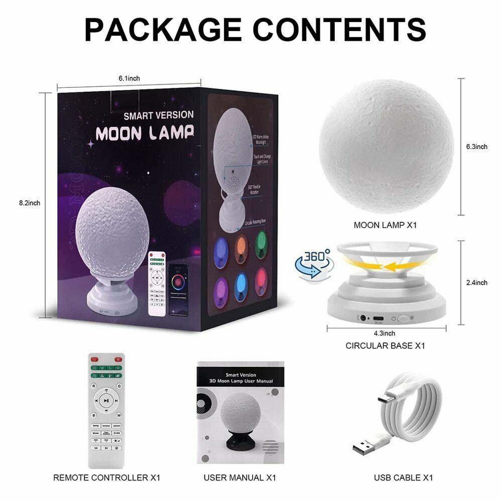 3D Smart Moon Lamp 360&#xB0; RGB LED Night Light w/ Bluetooth Speaker Remote Control