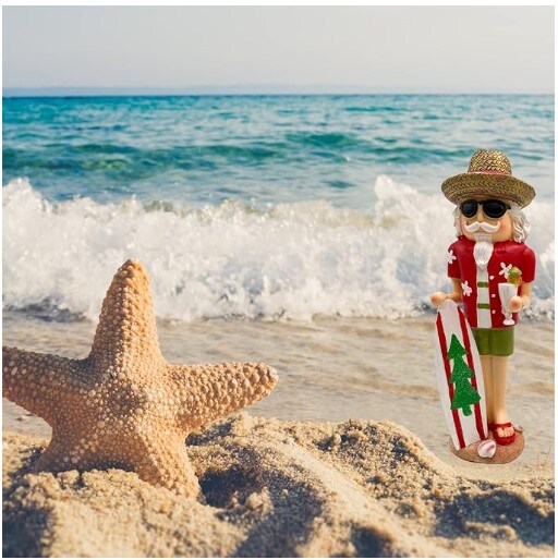 Tropical Themed Christmas at The Beach Tabletop Decoration, Hand Painted Collectible Figurine, 12 Inches Wooden Surfboard Santa Nutcracker