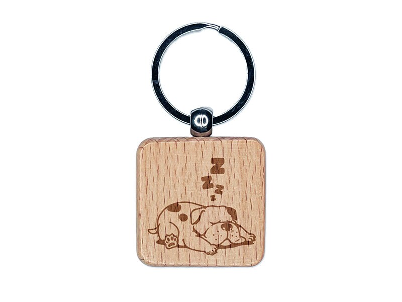 Chubby Spotted Dog Sleeping Engraved Wood Square Keychain Tag Charm
