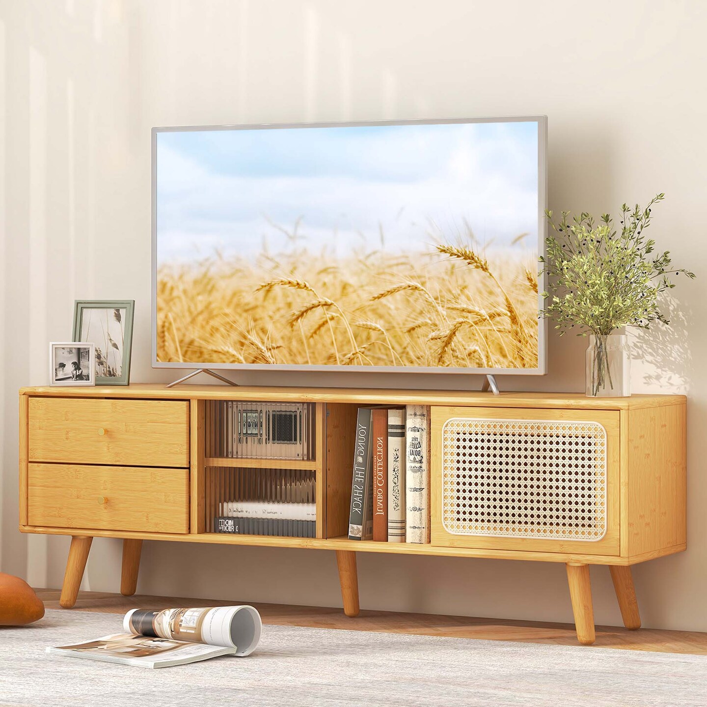 Costway Bamboo TV Stand Console Table with PE Rattan Door & 2 Drawers for TV up to 65" Brown/Natural