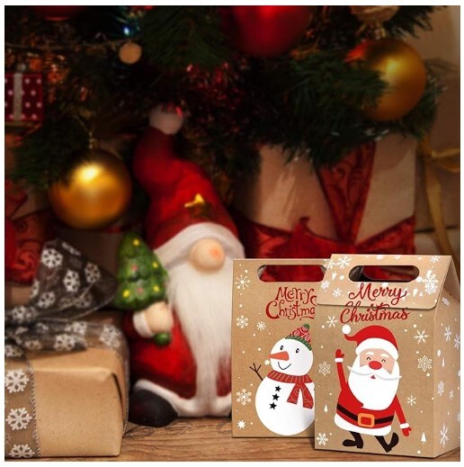 24PCS Christmas Candy Gift Treat Bags for Xmas Party Supplies, Christmas Kraft Paper Gift Boxes