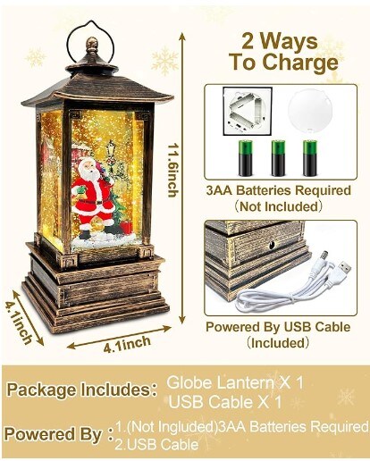 Lantern with Lighted Christmas Snow Globe Swirling Glitter Santa Claus Musical Snow Globe with 8 Songs and Timer USB/Battery Operated