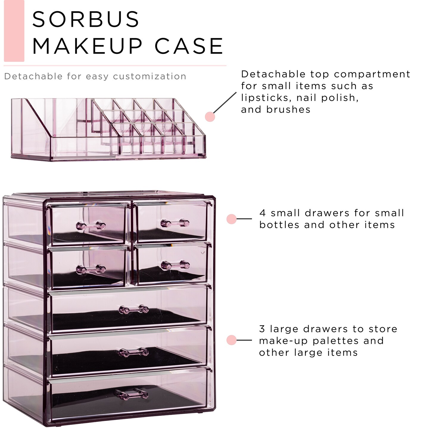 Sorbus Medium Makeup Organizer Set - (3 Large / 4 Small Drawers/Top Tray)