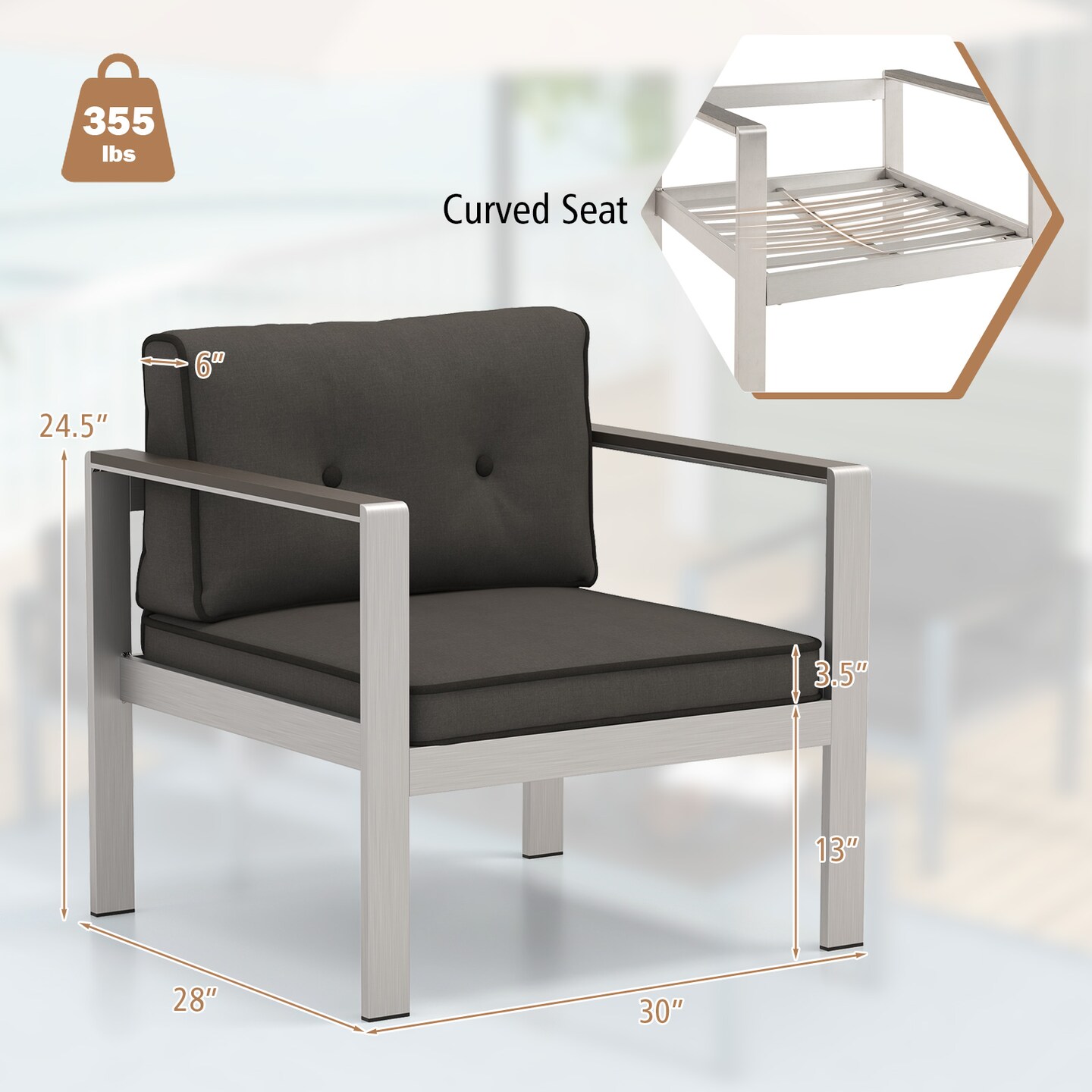 Costway Patio Aluminum Armchair Outdoor Single Sofa Chair with Cushions & Armrests Lawn