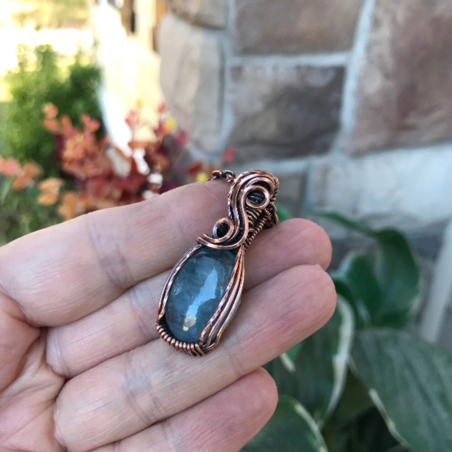 Aquamarine Natural Gemstone newest Combo Pure Copper Wire Wrap Pendant And Bracelet Birthstone March