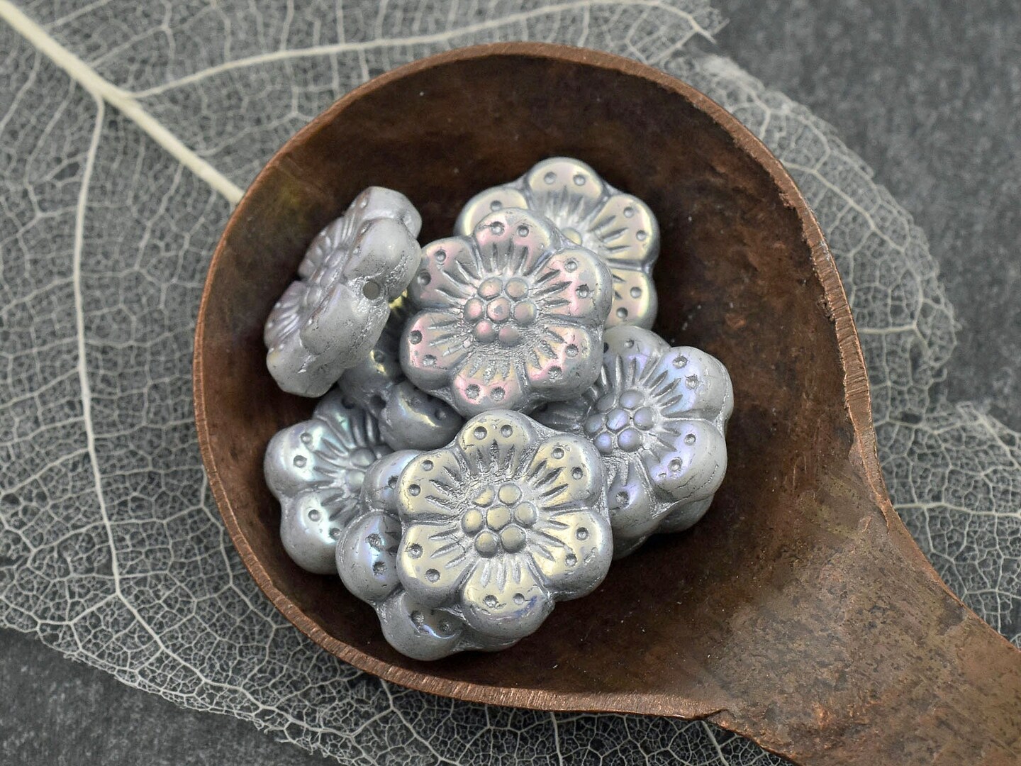 *12* 14mm Grey Washed Opaque Grey AB Wildflower Beads
