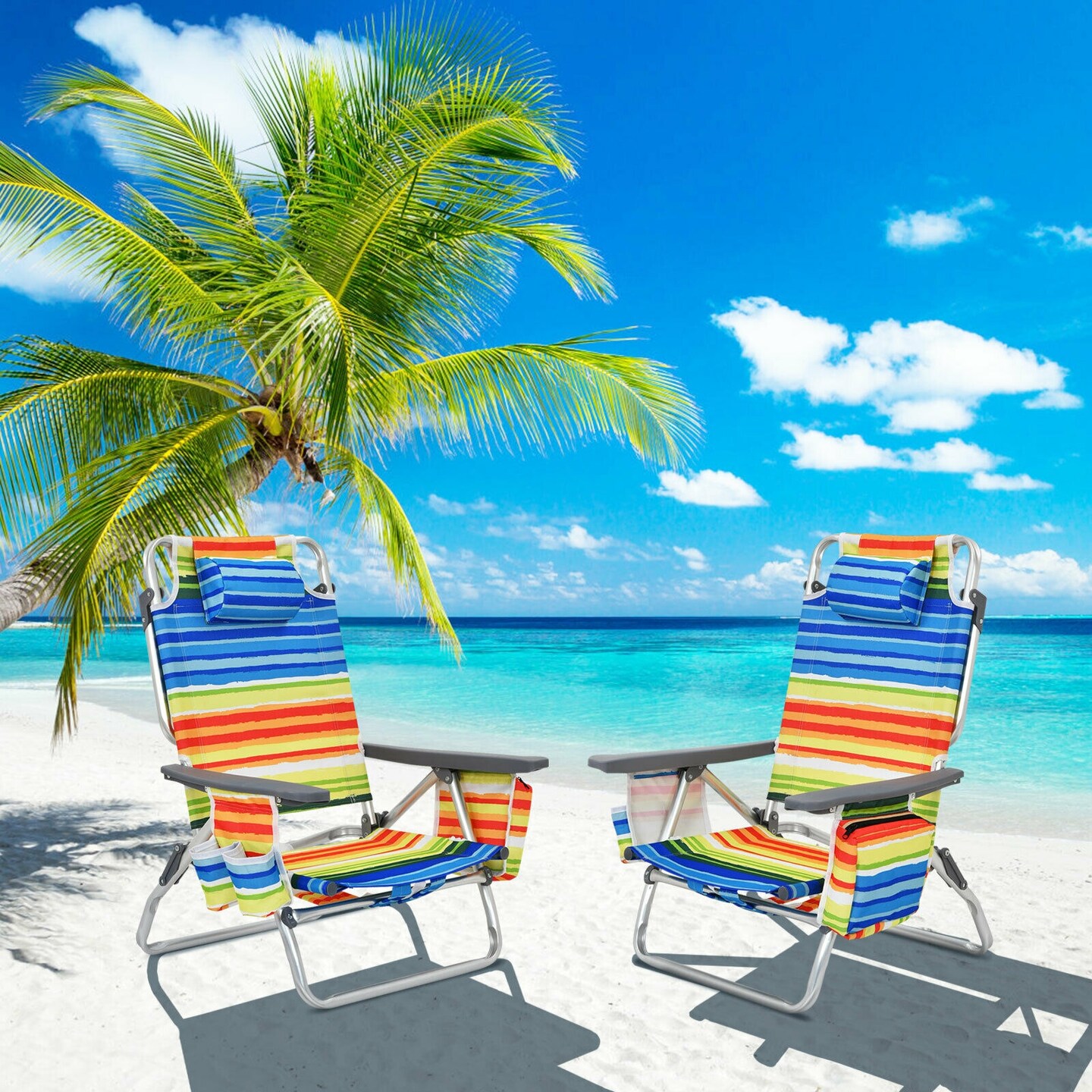 2 Pack Folding Backpack Beach Chair 5 Position Outdoor Reclining Chairs with Pillow