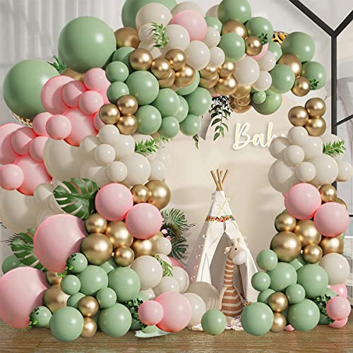 Sage Green Pink Balloons Garland Kit,133pcs Olive Green Blush Pink Sand White Metallic Gold Balloons for Girl Baby Shower Bridal Shower Wedding Birthday Jungle Safari Woodland Party Decorations&#x2026;