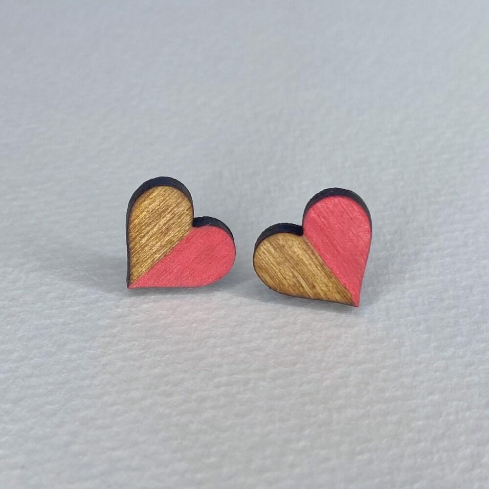 Glitter Valentines Day Bolt Hearts - Handmade Wooden Stud Earrings