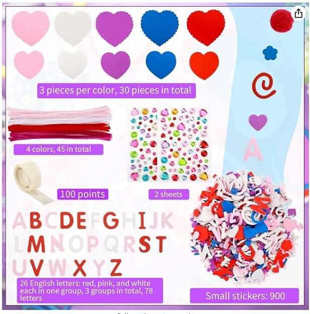 1215 Pieces Valentine's Day Crafts for Kids Foam Heart Craft Set DIY Foam Ornaments Kit Includes 30 Colorful Foam Hearts.