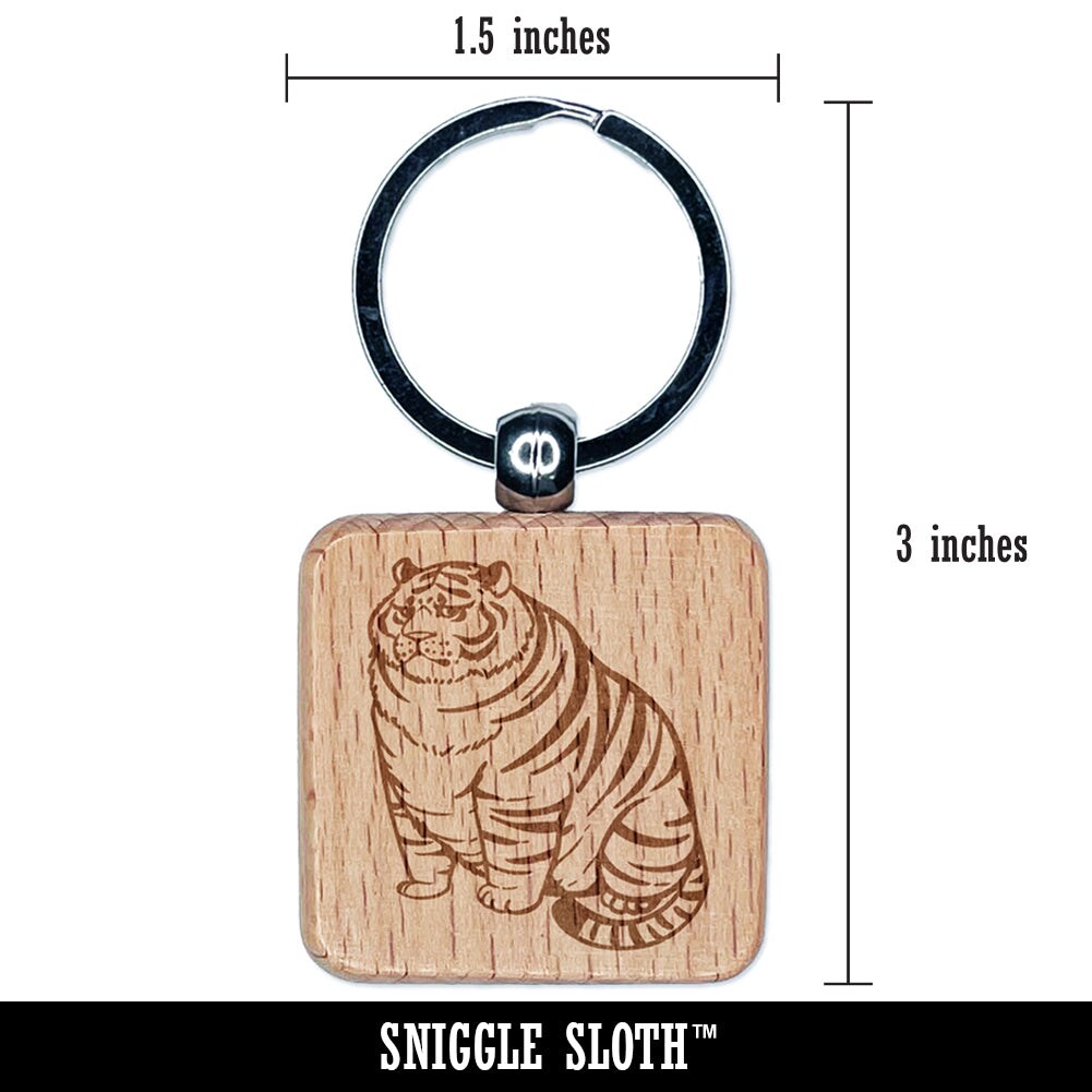 Chubby Fat Tiger Engraved Wood Square Keychain Tag Charm