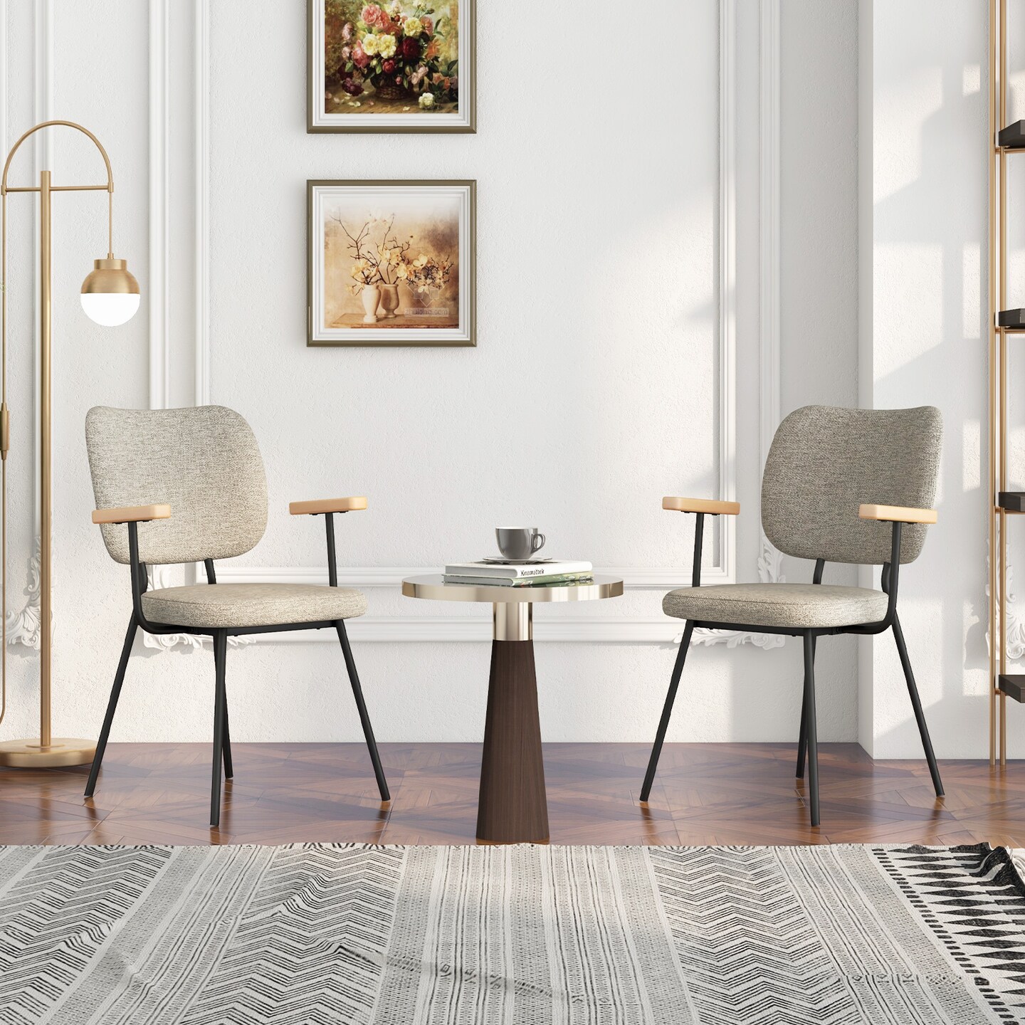 Set of 2 Modern Fabric Dining Chairs with Armrest and Curved