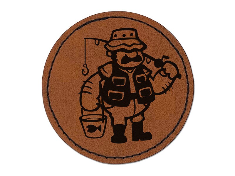 Fisherman Dad with Fishing Rod Round Iron-On Engraved Faux Leather Patch  Applique - 2.5