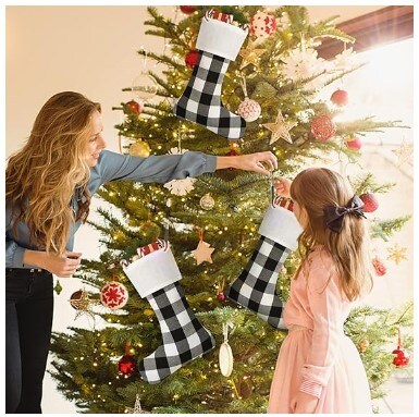 8 Pack Buffalo Plaid Christmas Stockings, 18 Inch Buffalo Plaid Christmas Stockings Large Personalised Stocking Decorations for Family Xmas Holiday Party (Black and White Plaid)