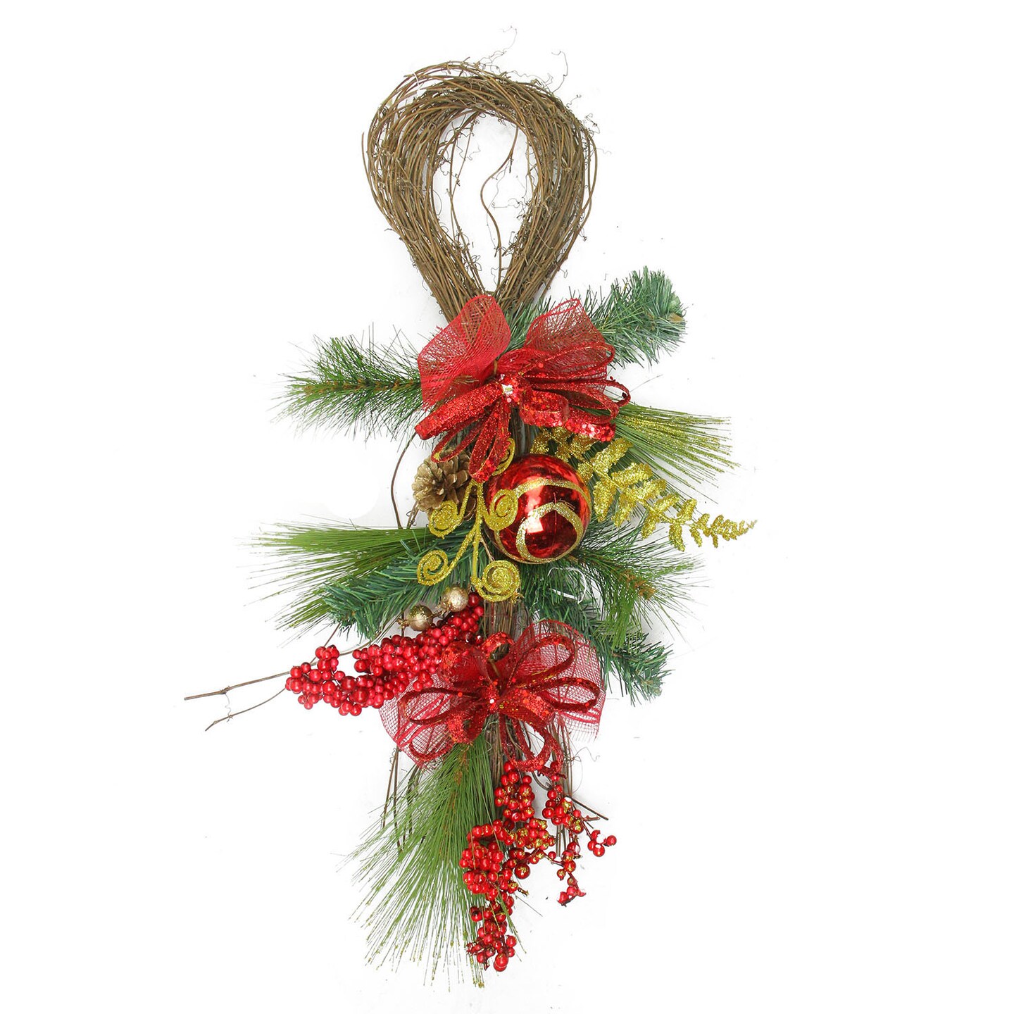 Northlight Bows, Berries and Ornaments Mixed Pine Artificial Christmas Teardrop Swag - 26" - Unlit