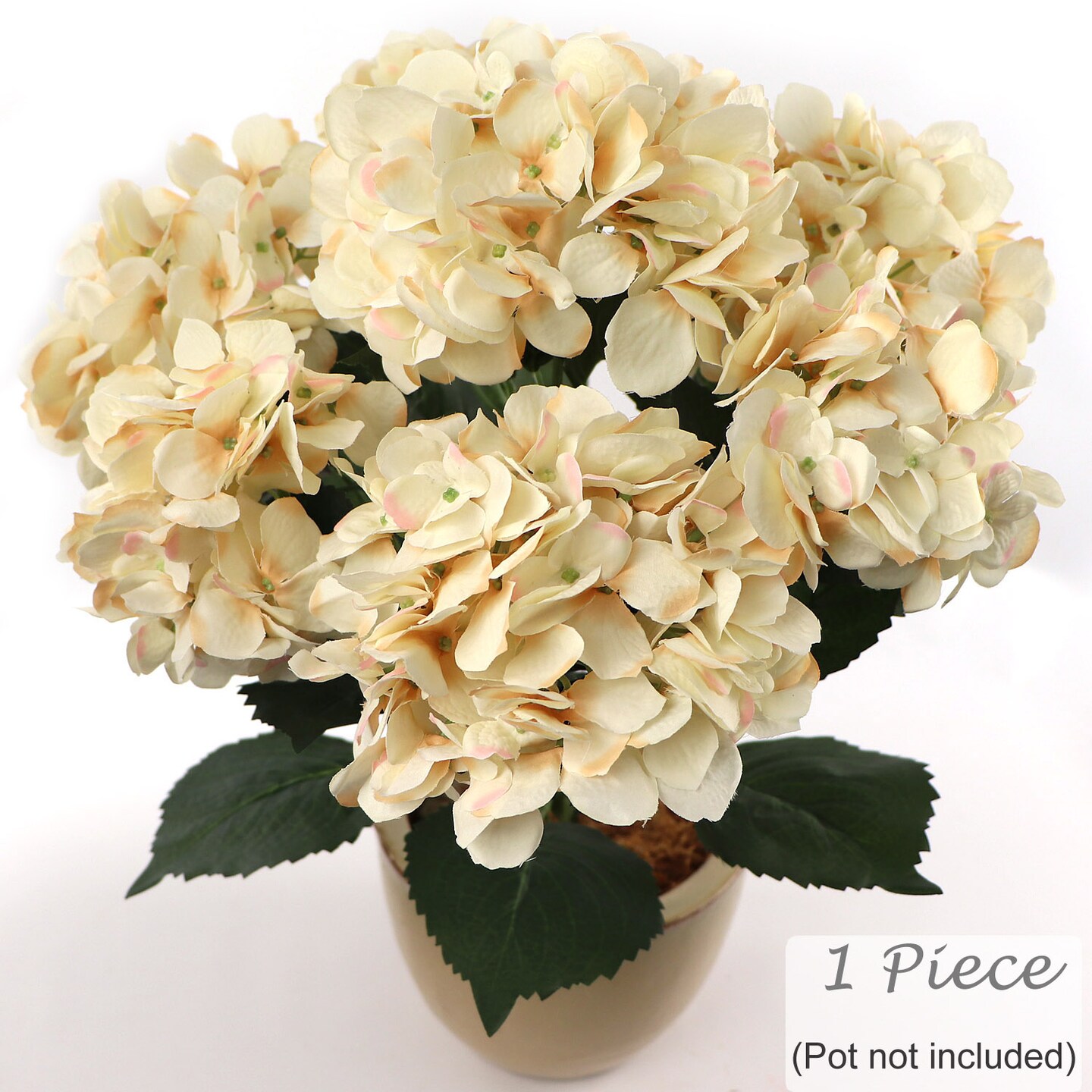 Beige Hydrangea Bush with 7 Lifelike Silk Blooms 20Inch UV Resistant Indoor/Outdoor Use