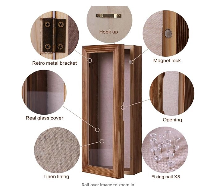 Memory Display Case for Wedding Bouquet Memorabilia Medals Photos Keepsakes, 12.5" x 5" Shadow Box, Solid Wood Box Frame with Linen Background and 8 Stick Pins