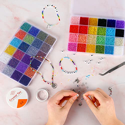 35000 pieces 2mm Glass Seed Beads for Jewelry Making Kit, 250pcs Alphabet Letter Beads, Tiny Beads Set for Bracelets Making, DIY, Art and Craft with Rolls of Elastic String Cord, Charms and Rings